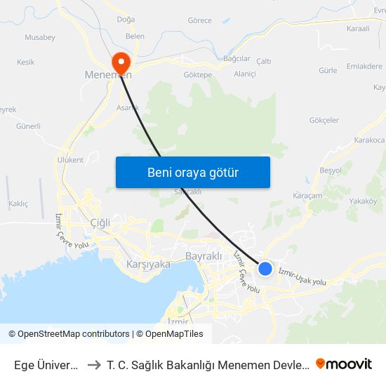 Ege Üniversitesi to T. C. Sağlık Bakanlığı Menemen Devlet Hastanesi map