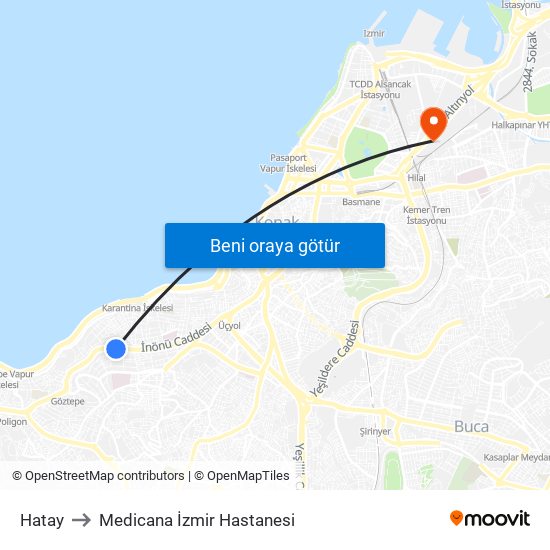 Hatay to Medicana İzmir Hastanesi map