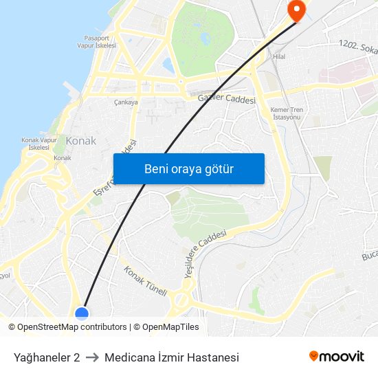 Yağhaneler 2 to Medicana İzmir Hastanesi map