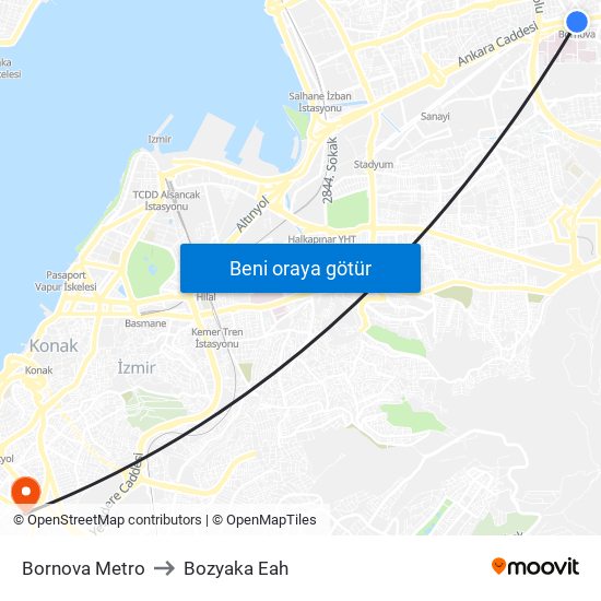 Bornova Metro to Bozyaka Eah map