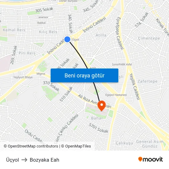 Üçyol to Bozyaka Eah map