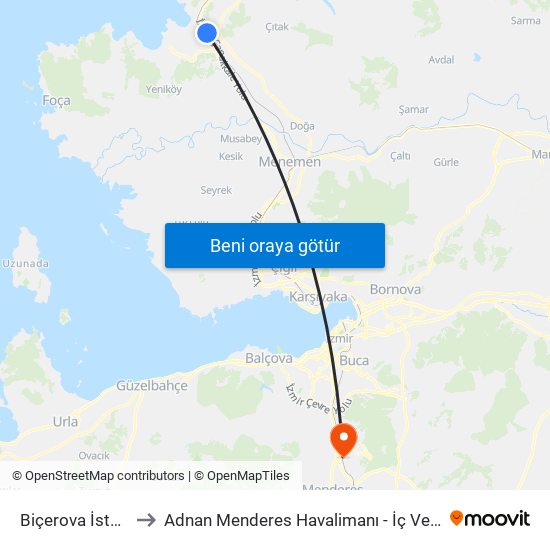 Biçerova İstasyon to Adnan Menderes Havalimanı - İç Ve Dış Hatlar map