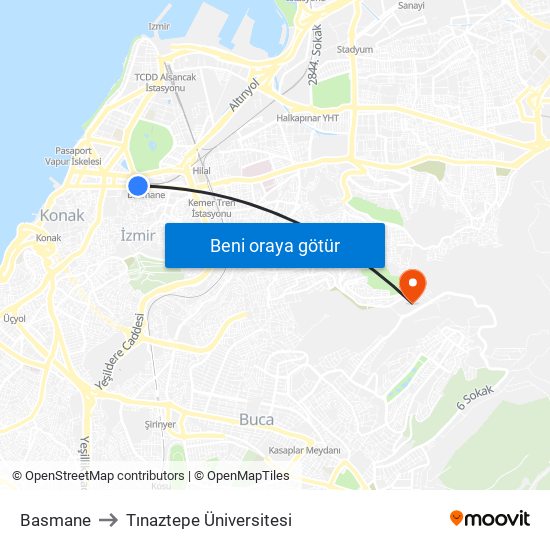 Basmane to Tınaztepe Üniversitesi map