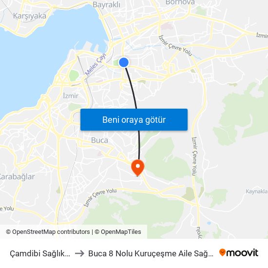 Çamdibi Sağlık Ocağı to Buca 8 Nolu Kuruçeşme Aile Sağlığı Merkezi map