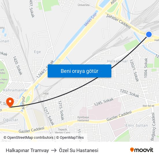 Halkapınar Tramvay to Özel Su Hastanesi map