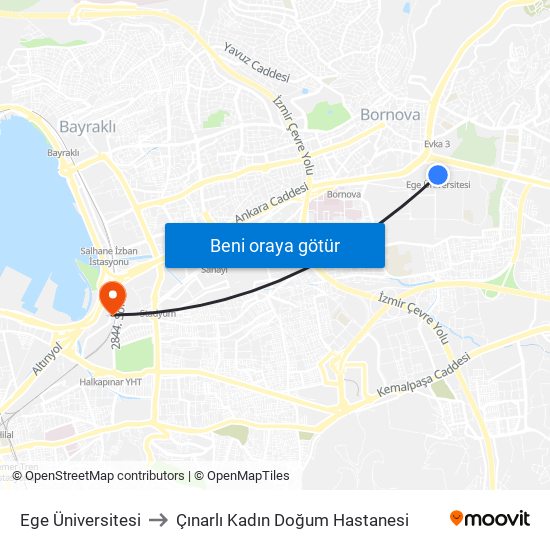 Ege Üniversitesi to Çınarlı Kadın Doğum Hastanesi map