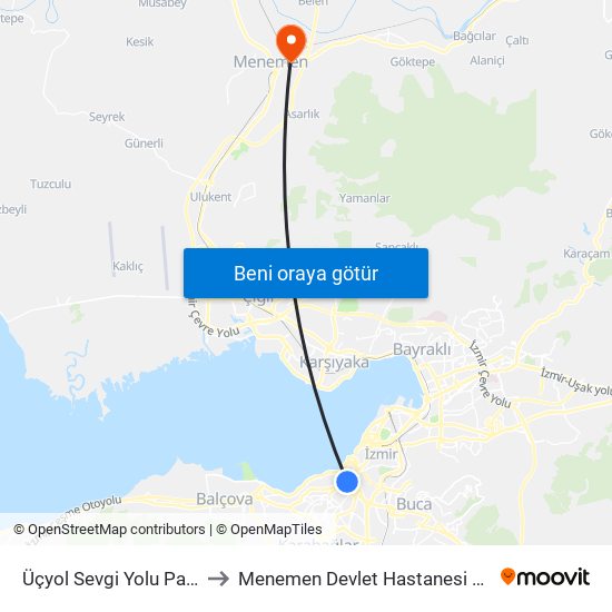 Üçyol Sevgi Yolu Parkı to Menemen Devlet Hastanesi Acil map