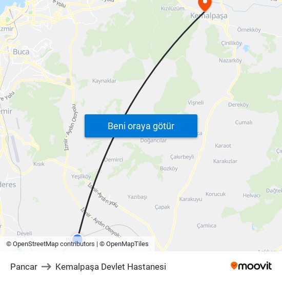 Pancar to Kemalpaşa Devlet Hastanesi map