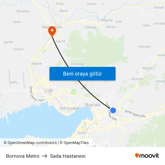 Bornova Metro to Sada Hastanesi map