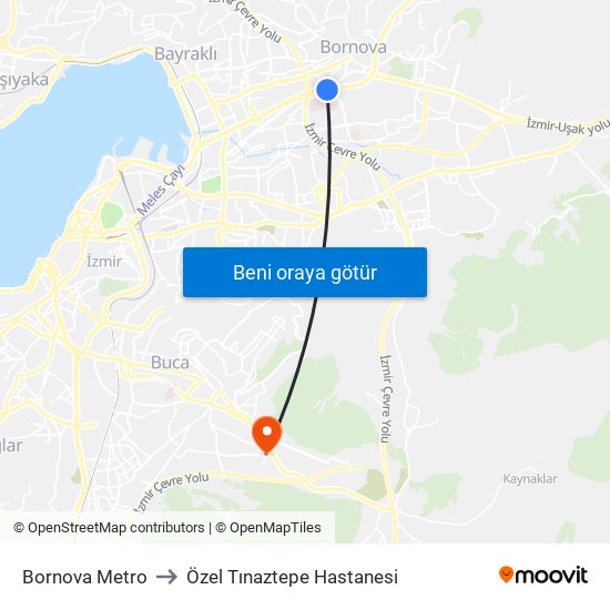 Bornova Metro to Özel Tınaztepe Hastanesi map