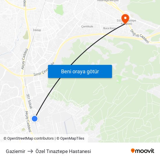 Gaziemir to Özel Tınaztepe Hastanesi map