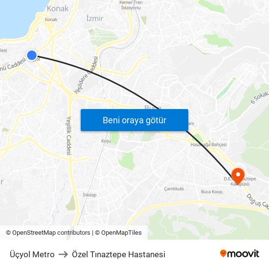 Üçyol Metro to Özel Tınaztepe Hastanesi map