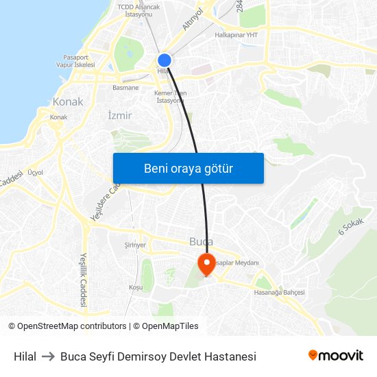 Hilal to Buca Seyfi Demirsoy Devlet Hastanesi map