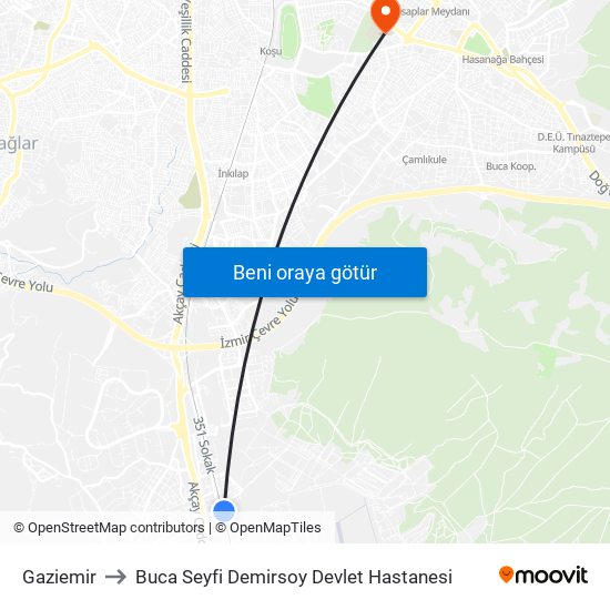 Gaziemir to Buca Seyfi Demirsoy Devlet Hastanesi map