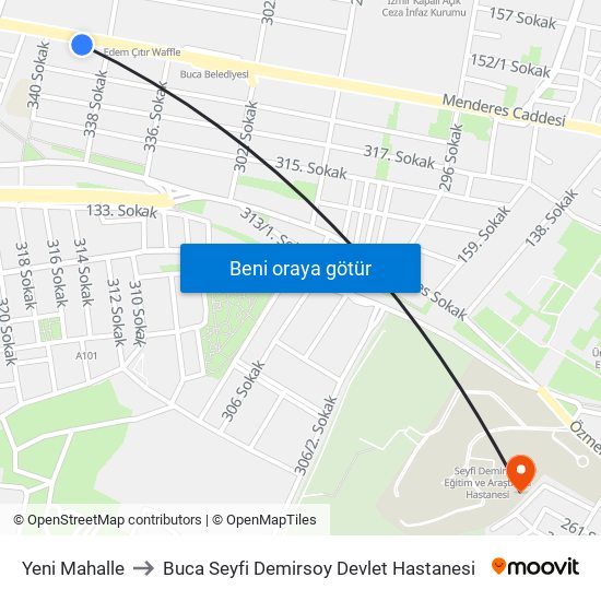 Yeni Mahalle to Buca Seyfi Demirsoy Devlet Hastanesi map
