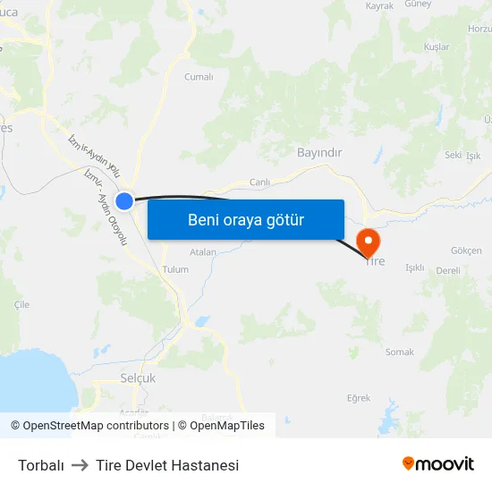 Torbalı to Tire Devlet Hastanesi map