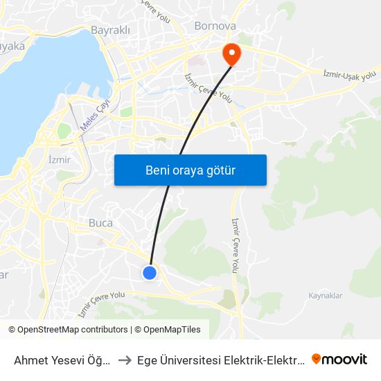 Ahmet Yesevi Öğrenci Yurdu to Ege Üniversitesi Elektrik-Elektronik Mühendisliği map