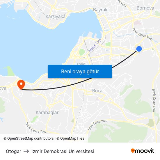 Otogar to İzmir Demokrasi Üniversitesi map