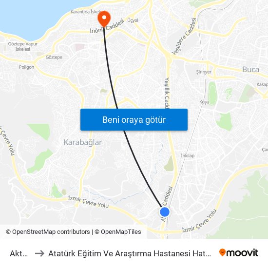 Aktepe to Atatürk Eğitim Ve Araştırma Hastanesi Hatay Polikliniği map