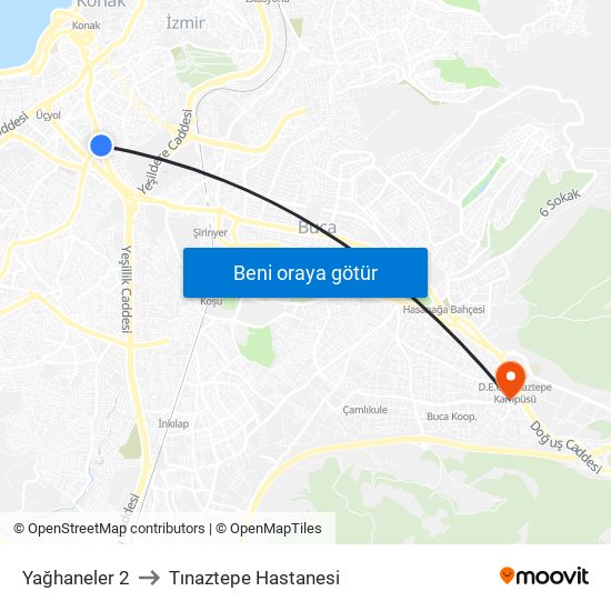 Yağhaneler 2 to Tınaztepe Hastanesi map