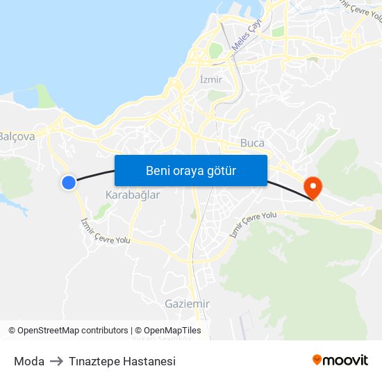 Moda to Tınaztepe Hastanesi map