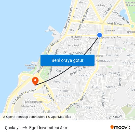 Çankaya to Ege Üniversitesi Akm map