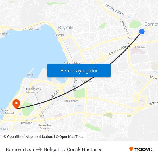 Bornova İzsu to Behçet Uz Çocuk Hastanesi map