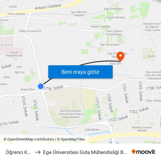 Öğrenci Köyü to Ege Üniversitesi Gıda Mühendisliği Bölümü map