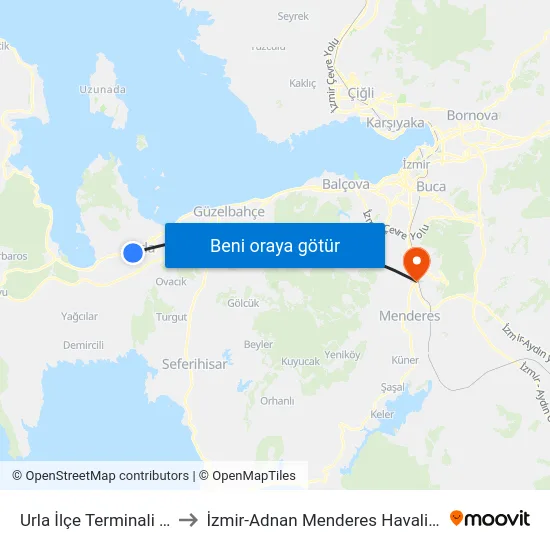 Urla İlçe Terminali (Havaş) to İzmir-Adnan Menderes Havalimanı (ADB) map
