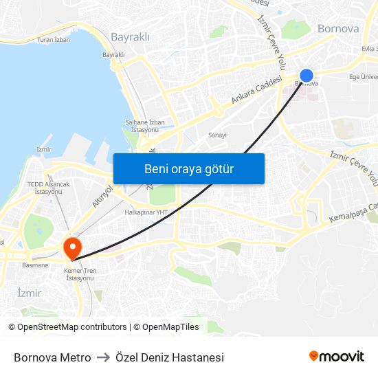 Bornova Metro to Özel Deniz Hastanesi map