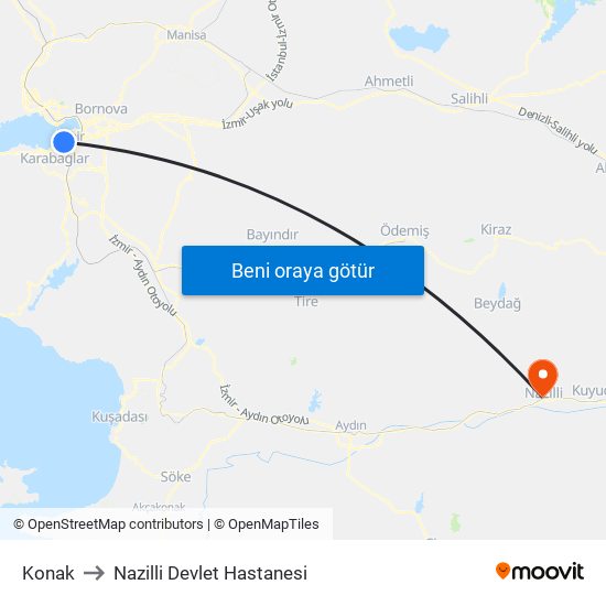 Konak to Nazilli Devlet Hastanesi map