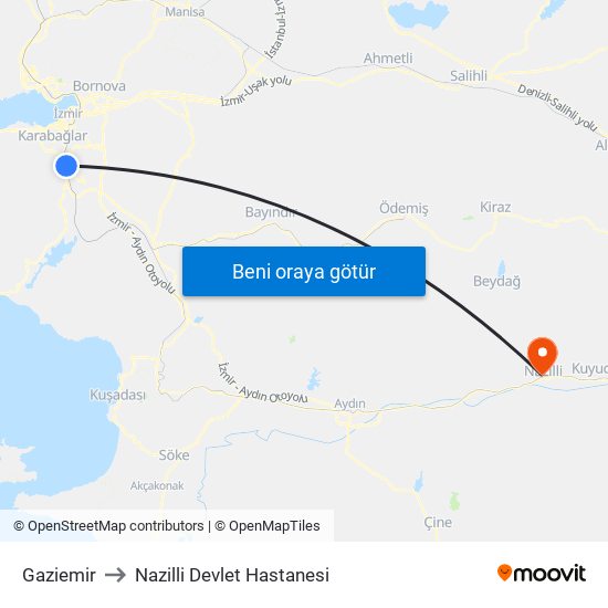 Gaziemir to Nazilli Devlet Hastanesi map