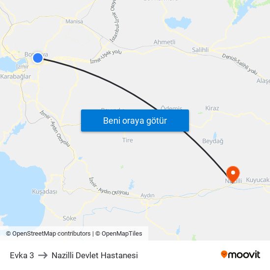 Evka 3 to Nazilli Devlet Hastanesi map
