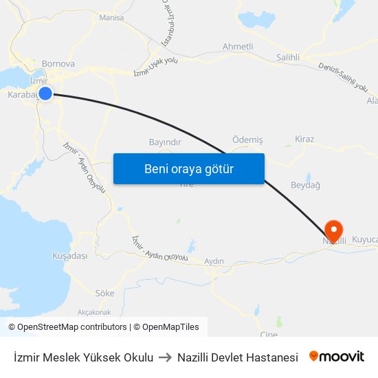 İzmir Meslek Yüksek Okulu to Nazilli Devlet Hastanesi map