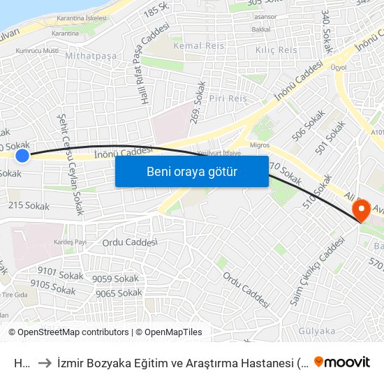 Hatay to İzmir Bozyaka Eğitim ve Araştırma Hastanesi (Izmir Bozyaka Eg. & Aras. Hast.) map
