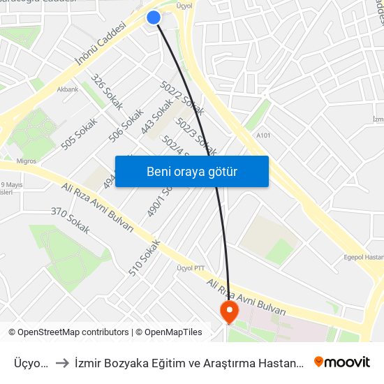 Üçyol Metro to İzmir Bozyaka Eğitim ve Araştırma Hastanesi (Izmir Bozyaka Eg. & Aras. Hast.) map