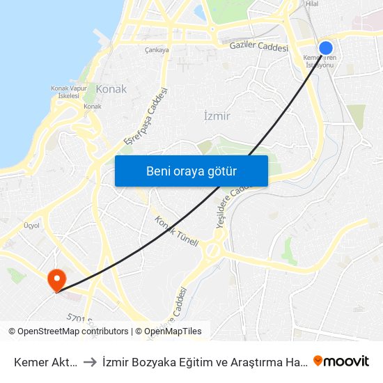 Kemer Aktarma Merkezi to İzmir Bozyaka Eğitim ve Araştırma Hastanesi (Izmir Bozyaka Eg. & Aras. Hast.) map