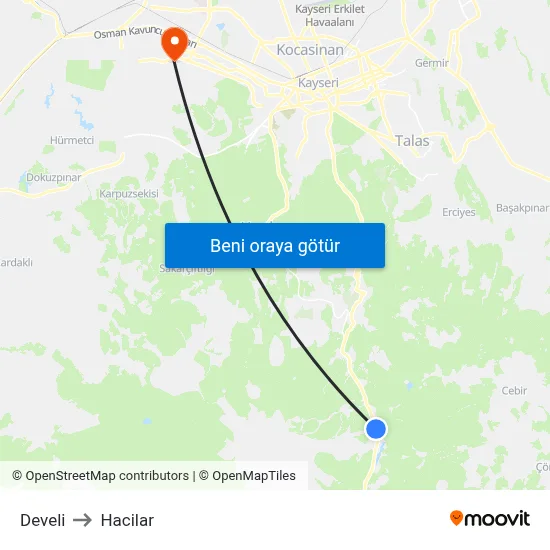 Develi to Hacilar map