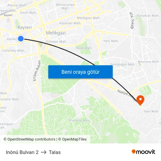 Inönü Bulvarı 2 to Talas map