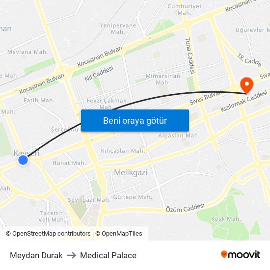 Meydan Durak to Medical Palace map