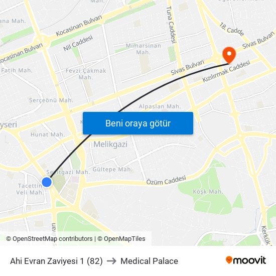 Ahi Evran Zaviyesi 1 (82) to Medical Palace map