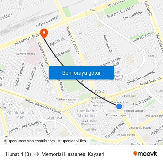 Hunat 4 (8) to Memorial Hastanesi Kayseri map