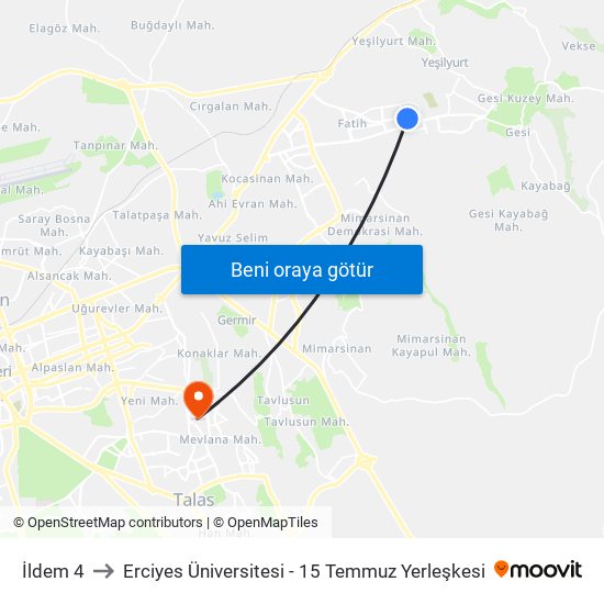 İldem 4 to Erciyes Üniversitesi - 15 Temmuz Yerleşkesi map