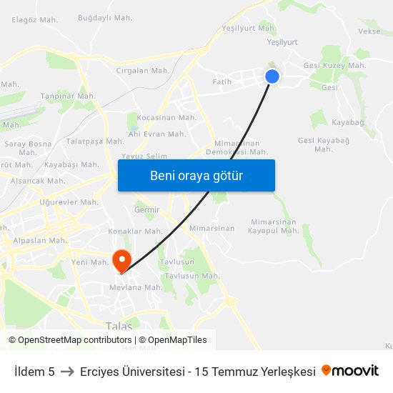 İldem 5 to Erciyes Üniversitesi - 15 Temmuz Yerleşkesi map
