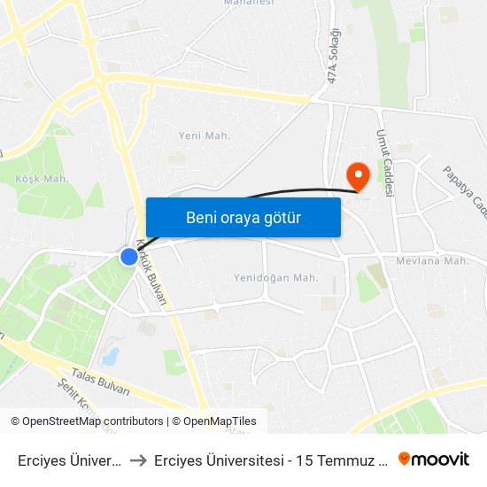 Erciyes Üniversitesi to Erciyes Üniversitesi - 15 Temmuz Yerleşkesi map