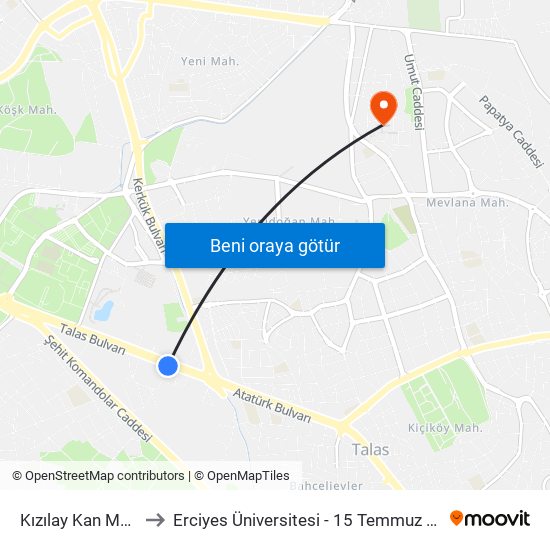 Kızılay Kan Merkezi to Erciyes Üniversitesi - 15 Temmuz Yerleşkesi map