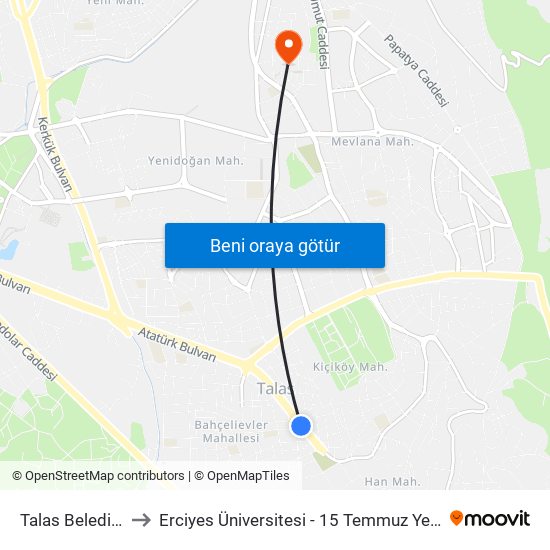 Talas Belediyesi to Erciyes Üniversitesi - 15 Temmuz Yerleşkesi map