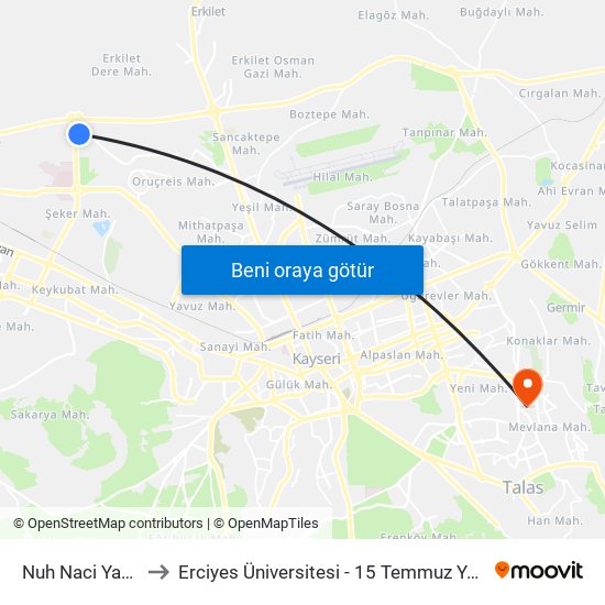 Nuh Naci Yazgan to Erciyes Üniversitesi - 15 Temmuz Yerleşkesi map