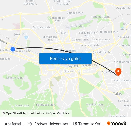 Anafartalar 2 to Erciyes Üniversitesi - 15 Temmuz Yerleşkesi map