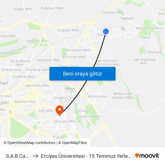 S.A.B.Cad 3 to Erciyes Üniversitesi - 15 Temmuz Yerleşkesi map